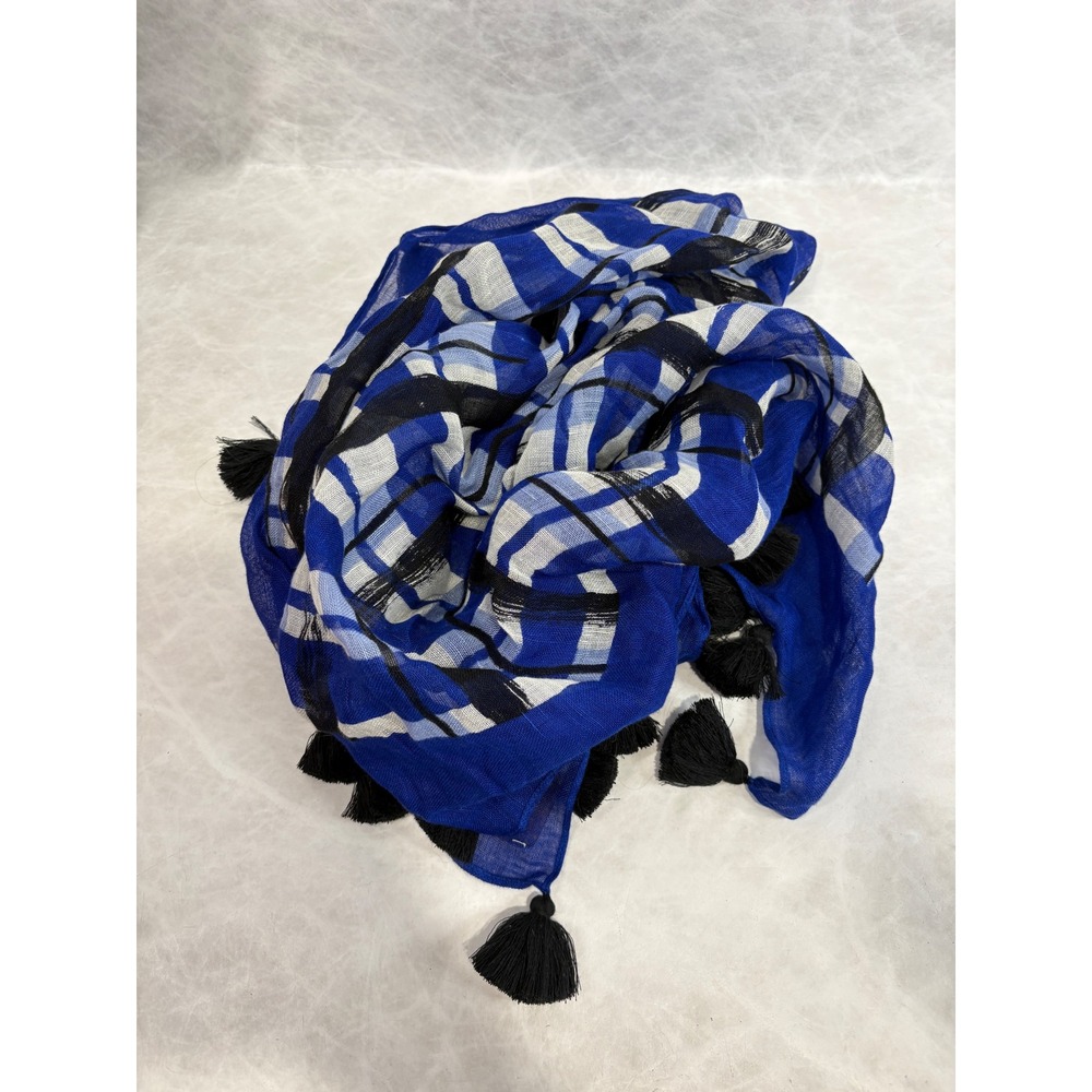 Kate Spade On Purpose Blue Plaid Tassel Scarf 100% Wool Handcrafted Rwanda